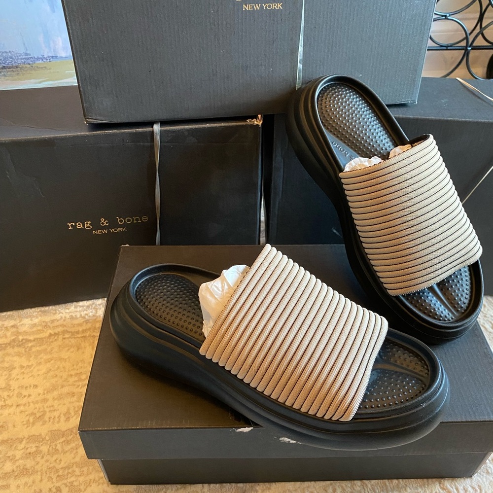 Rag & Bone Black and Beige Slide Sandals - Picture 1 of 9